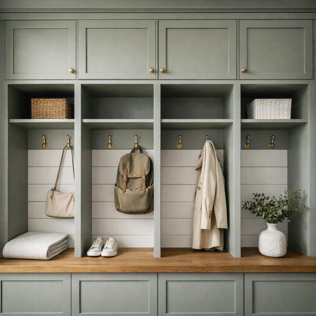 Custom mudroom built-in with painted cabinetry, oak bench, cubbies, and storage in a Utah home