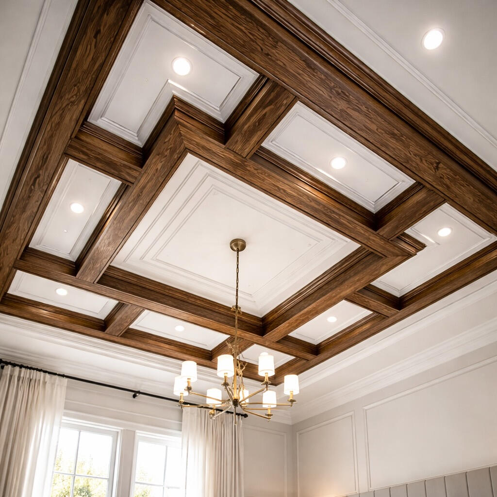 Luxury coffered ceiling with natural wood beams and recessed lighting in a Salt Lake City residence