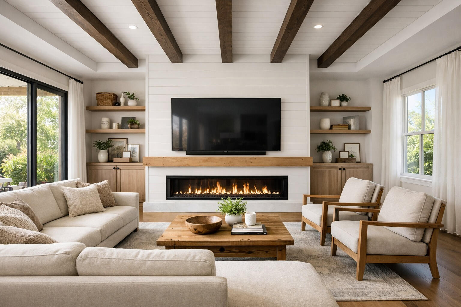 Modern living room with custom shiplap TV media wall, linear fireplace, oak mantel, and decorative ceiling beams in a Salt Lake City home